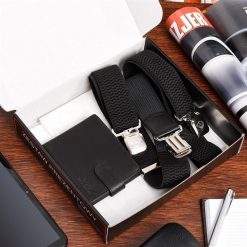 Zestaw męski skórzany portfel szelki X czarne Beltimore U52. Czarne portfele bez wzorów. Za 79.90 zł.