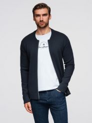 Sweter męski gładki na zamek – granatowy V1 - Rozmiar: XL. Niebieskie swetry nierozpinane Ombre Clothing, m, bez wzorów, z dzianiny, bez kołnierzyka, bez ramiączek. Za 239.99 zł.