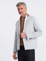 Męska melanżowa marynarka z dodatkiem rayonu ze stójką – szary melanż V4 OM-BLZB-0131 - XXL. Szare garnitury Ombre Clothing, na co dzień, l, bez wzorów, z materiału, casualowe. Za 257.99 zł.