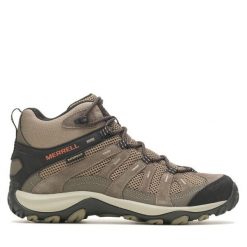 Trekkingi Merrell. Brązowe botki sznurowane Merrell, bez wzorów, bez obcasa, bez zapięcia. Za 649.99 zł.