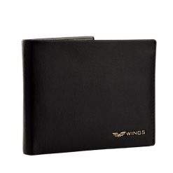 Męski czarny portfel WINGS z naturalnej skóry bydlęcej. Czarne portfele Wings, bez wzorów, z materiału. Za 99.90 zł.