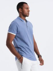 Męska bawełniana koszulka polo z kontrastowymi wykończeniami – niebieska V3 OM-POSS-0113 - XXL. Niebieskie koszulki polo sportowe Ombre Clothing, l, bez wzorów, z bawełny, bez kołnierzyka, bez ramiączek. Za 119.99 zł.