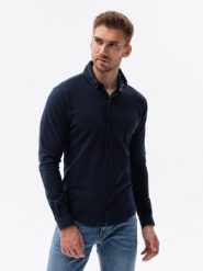 Dzianinowa męska koszula SLIM FIT z długim rękawem – granatowa V2 OM-SHCS-0177 - XXL. Niebieskie koszule Ombre Clothing, l, bez wzorów, z bawełny, bez kołnierzyka, bez ramiączek. W wyprzedaży za 109.99 zł.