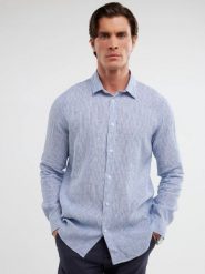 Lniana koszula męska w prążek niebieska Malekiwo 402. Niebieskie koszule BIG STAR, l, bez wzorów, z jeansu, bez kołnierzyka, bez ramiączek. Za 259.99 zł.
