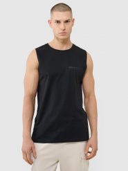 4F Tank top oversize męski - czarny S. Czarne bezrękawniki 4F, m, bez wzorów, z bawełny, bez kołnierzyka, bez ramiączek. Za 59.99 zł.