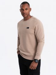 Nierozpinana męska bluza dresowa z metalowym pinem – beżowa V1 OM-SSNZ-0136 - XXL. Brązowe bluzy Ombre Clothing, m, bez wzorów, z bawełny, bez kaptura. W wyprzedaży za 49.99 zł.