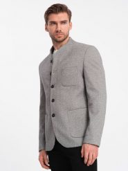 Stylowa marynarka męska bez klap - jasnoszara V1. Szare garnitury Ombre Clothing, m, bez wzorów, z materiału, eleganckie. W wyprzedaży za 149.99 zł.