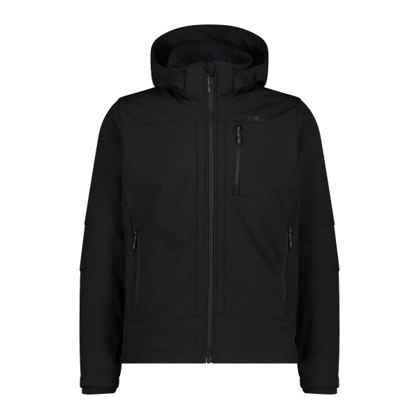 Kurtka turystyczna z kapturem i suwakiem CMP. Czarne kurtki CMP, bez wzorów, z softshellu, z kapturem. Za 371.50 zł.