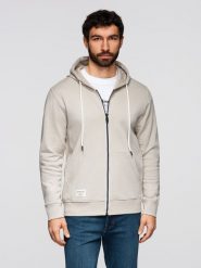 Bluza męska bawełniana dresowa BASIC rozpinana z kapturem - jasnobeżowa V1 - Rozmiar: M. Szare bluzy Ombre Clothing, m, z aplikacjami, z bawełny, z kapturem. W wyprzedaży za 118.99 zł.