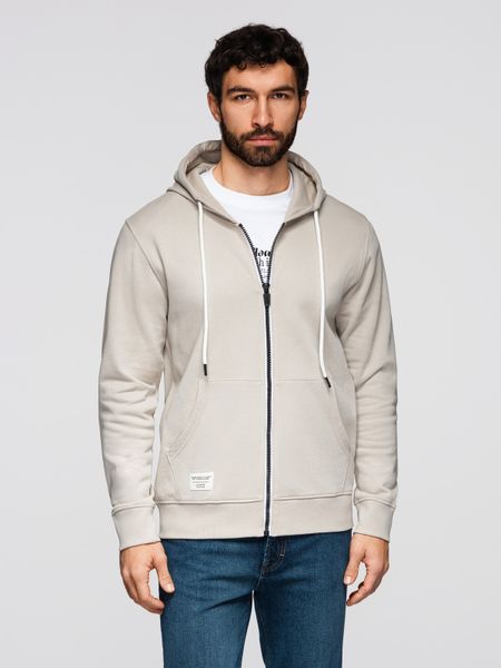 Bluza męska bawełniana dresowa BASIC rozpinana z kapturem - jasnobeżowa V1 - Rozmiar: M. Szare bluzy Ombre Clothing, m, z aplikacjami, z bawełny, z kapturem. W wyprzedaży za 118.99 zł.