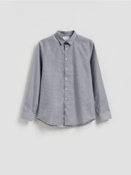 Wzorzysta koszula slim fit - granatowy. Niebieskie koszule Reserved, l, bez wzorów, z bawełny, bez kołnierzyka, bez ramiączek. Za 129.99 zł.