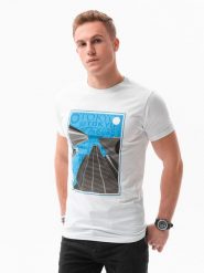 T-shirt męski z nadrukiem - biały V-5A S1434 - XXL. Białe t-shirty Ombre Clothing, m, bez wzorów, z bawełny, bez kołnierzyka, bez ramiączek. W wyprzedaży za 29.99 zł.