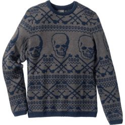 Sweter z domieszką wełny Slim Fit bonprix ciemnoniebiesko-szary wzorzysty. Swetry nierozpinane marki bonprix. Za 44.99 zł.