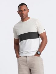 T-shirt męski trójkolorowy w szerokie pasy - kremowo-biały V2 OM-TSCT-0152 - XL. Białe t-shirty Ombre Clothing, m, z aplikacjami, z bawełny, bez kołnierzyka, bez ramiączek. W wyprzedaży za 29.99 zł.