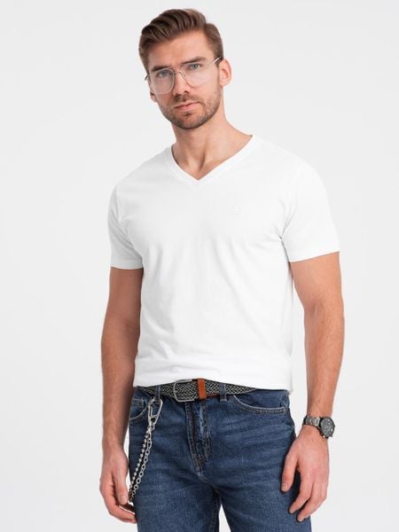 Sygnowany męski t-shirt V-neck z elastanem – biały V1 - Rozmiar: M. Białe t-shirty Ombre Clothing, m, bez wzorów, z bawełny, bez kołnierzyka, bez ramiączek. W wyprzedaży za 52.50 zł.