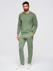 Komplet dresowy męski set bluza z okrągłym dekoltem + spodnie regular fit - jasnozielony V3. Zielone bluzy Ombre Clothing, m, z aplikacjami, z bawełny, bez kaptura. Za 299.99 zł.