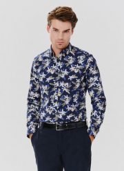 PAKO LORENTE – Granatowa koszula męska w kwiaty. Koszule Pako Lorente, l, bez wzorów, z bawełny, bez kołnierzyka, bez ramiączek. Za 99.99 zł.