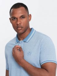 Melanżowa koszulka męska polo z kołnierzykiem w paski – niebieska V3 OM-POSS-0109 - XXL. Niebieskie koszulki polo sportowe Ombre Clothing, m, z aplikacjami, z bawełny, bez kołnierzyka, bez ramiączek. W wyprzedaży za 49.99 zł.