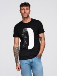 Męska koszulka z dużym printem – czarna V3. Czarne t-shirty Ombre Clothing, m, bez wzorów, z bawełny, bez kołnierzyka, bez ramiączek. W wyprzedaży za 81.24 zł.