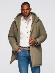 Klasyczna męska długa kurtka typu parka – oliwkowa V3 - Rozmiar: L. Zielone kurtki Ombre Clothing, l, z aplikacjami, z materiału, z kapturem. Za 529.99 zł.