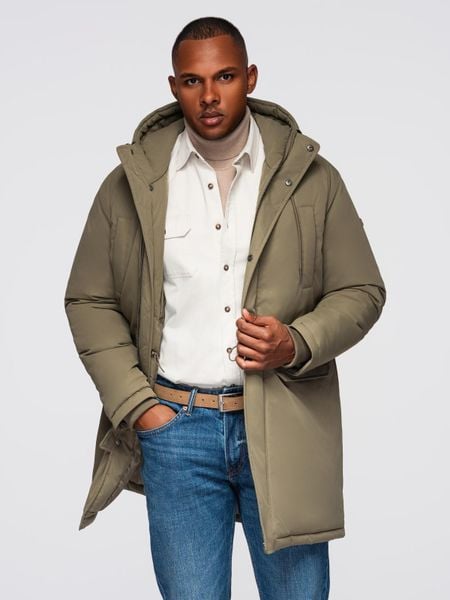 Klasyczna męska długa kurtka typu parka – oliwkowa V3 - Rozmiar: M. Zielone kurtki Ombre Clothing, m, z aplikacjami, z materiału, z kapturem. Za 529.99 zł.