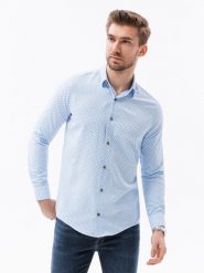 Koszula męska w drobny geometryczny wzór REGULAR FIT - błękitna K616 - XXL. Niebieskie koszule Ombre Clothing, m, bez wzorów, z bawełny, bez kołnierzyka, bez ramiączek. Za 101.99 zł.