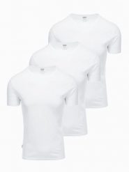 Zestaw męskich koszulek bawełnianych BASIC z okrągłym dekoltem – 3x biały V11 - Rozmiar: S. Białe t-shirty Ombre Clothing, m, bez wzorów, z bawełny, bez kołnierzyka, bez ramiączek. W wyprzedaży za 112.49 zł.