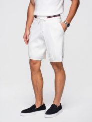 Wiskozowe strukturalne szorty męskie REGULAR - białe V1 - Rozmiar: S. Białe szorty Ombre Clothing, m, bez wzorów, z dzianiny, biznesowe. Za 249.99 zł.