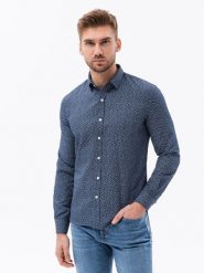 Bawełniana koszula męska z mikro printem paisley REGULAR FIT - granatowa V2. Niebieskie koszule Ombre Clothing, m, bez wzorów, z bawełny, bez kołnierzyka, bez ramiączek. Za 129.99 zł.