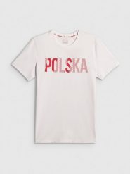 4F Koszulka kibica męska - biała L. Białe t-shirty 4F, l, bez wzorów, z bawełny, bez kołnierzyka, bez ramiączek. Za 69.99 zł.