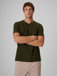 4F T-shirt regular gładki męski - khaki L. Brązowe t-shirty 4F, l, bez wzorów, z bawełny, bez kołnierzyka, bez ramiączek. Za 49.99 zł.