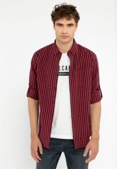 Koszula w kratę, Regular Fit, K-BASEL. Czerwone koszule Volcano, m, bez wzorów, z bawełny, bez kołnierzyka, bez ramiączek. Za 139.99 zł.
