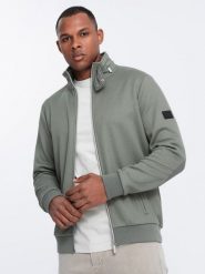 Męska kurtka z wysokim kołnierzem i polarowym wnętrzem – khaki V3 - Rozmiar: XL. Brązowe kurtki Ombre Clothing, na lato, l, z aplikacjami, z polaru, bez kaptura. W wyprzedaży za 139.99 zł.
