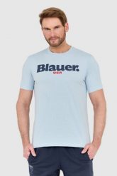 BLAUER Błękitny męski t-shirt z dużym logo. Niebieskie t-shirty Blauer USA, l, bez wzorów, bez kołnierzyka, bez ramiączek. W wyprzedaży za 129.99 zł.