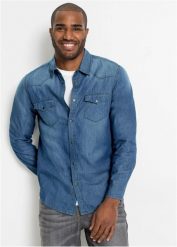 Koszula dżinsowa z czystej bawełny organicznej, slim fit. Niebieskie koszule bonprix, m, bez wzorów, z bawełny, bez kołnierzyka, bez ramiączek. Za 109.99 zł.