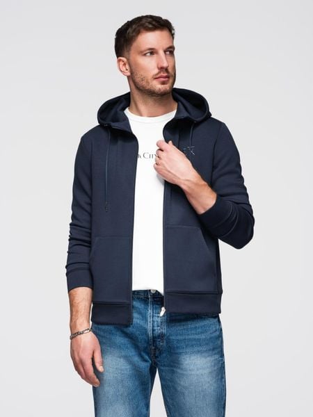 Bluza rozpinana męska z kapturem z gładkiej dzianiny - granatowa V4 - Rozmiar: XL. Niebieskie bluzy Ombre Clothing, m, bez wzorów, z dzianiny, z kapturem. Za 229.99 zł.