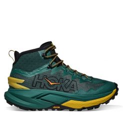Trekkingi Hoka. Zielone botki sznurowane HOKA, bez wzorów, bez obcasa, bez zapięcia. Za 899.99 zł.