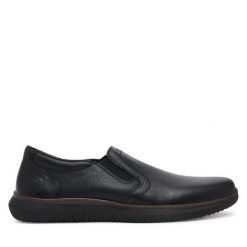 Półbuty Rieker. Czarne eleganckie półbuty Rieker, bez wzorów, bez obcasa, bez zapięcia. Za 359.99 zł.