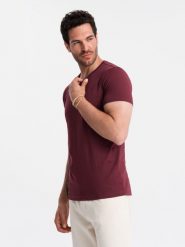 Bawełniana klasyczna męska koszulka z dekoltem w serek BASIC – bordowa V10 OM-TSBS-0145 - XXL. Czerwone t-shirty Ombre Clothing, l, bez wzorów, z bawełny, bez kołnierzyka, bez ramiączek. W wyprzedaży za 24.99 zł.
