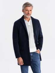 Płaszcz męski klasyczny jednorzędowy - granatowy V1 - Rozmiar: XL. Niebieskie płaszcze Ombre Clothing, na wiosnę, m, bez wzorów, eleganckie, bez kaptura. W wyprzedaży za 199.99 zł.