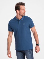 Koszulka męska polo z dzianiny pique - ciemnoniebieski V13 S1374 - S. Niebieskie koszulki polo sportowe Ombre Clothing, m, bez wzorów, z bawełny, bez kołnierzyka, bez ramiączek. W wyprzedaży za 39.99 zł.