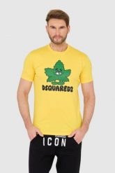 DSQUARED2 Żółty t-shirt z logo i zielonym liściem. Żółte t-shirty Dsquared2, l, bez wzorów, bez kołnierzyka, bez ramiączek. W wyprzedaży za 599.99 zł.