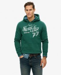 Superdry Leather & Boot Co Script bluza z kapturem z bawełnianej mieszanki. Zielone bluzy z kapturem Superdry, m, bez wzorów, z bawełny, z kapturem. Za 439.45 zł.