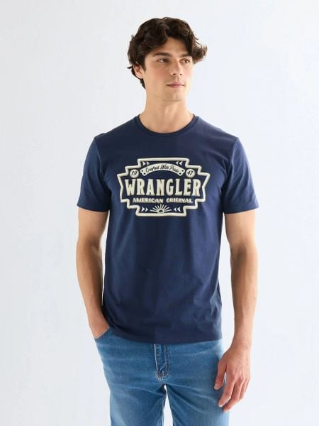 MESKA KOSZULKA WRANGLER AMERICANA TEE NAVY 112378425. Niebieskie t-shirty Wrangler, xl, bez wzorów, bez kołnierzyka, bez ramiączek. Za 79.99 zł.