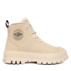 Trapery Palladium. Brązowe botki sznurowane Palladium, bez wzorów, bez obcasa, bez zapięcia. Za 579.99 zł.