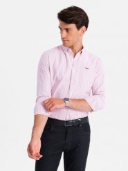 Bawełniana męska koszula REGULAR FIT w drobne paski – różowa V2 OM-SHOS-0170 - XXL. Czerwone koszule Ombre Clothing, l, bez wzorów, z bawełny, bez kołnierzyka, bez ramiączek. W wyprzedaży za 109.99 zł.