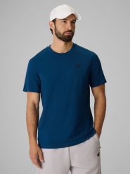 4F T-shirt regular gładki męski - granatowy XL. Niebieskie t-shirty 4F, m, bez wzorów, z bawełny, bez kołnierzyka, bez ramiączek. Za 49.99 zł.