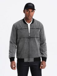 Męska kurtka jeansowa bomberka z efektem stone wash – szara V1 OM-JADJ-0163 - XXL. Szare kurtki Ombre Clothing, l, bez wzorów, z bawełny, bez kaptura. Za 194.99 zł.