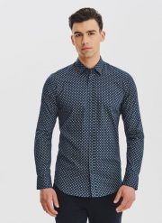 PAKO LORENTE - Granatowa koszula męska we wzór geometryczny. Koszule Pako Lorente, na jesień, m, bez wzorów, z bawełny, bez kołnierzyka, bez ramiączek. Za 119.99 zł.