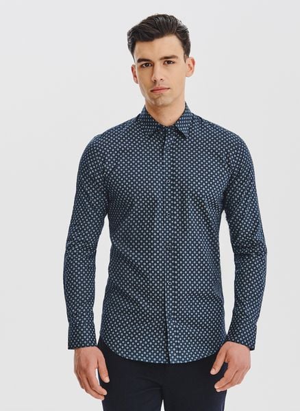 PAKO LORENTE - Granatowa koszula męska we wzór geometryczny. Koszule Pako Lorente, na jesień, m, bez wzorów, z bawełny, bez kołnierzyka, bez ramiączek. Za 99.99 zł.